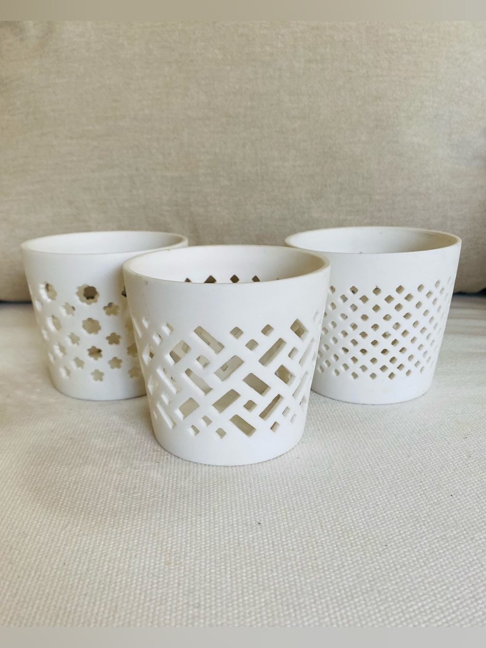 Set of 3 Porcelain Lattice Cut Out White Tea Light Votive Candle Holders 3”